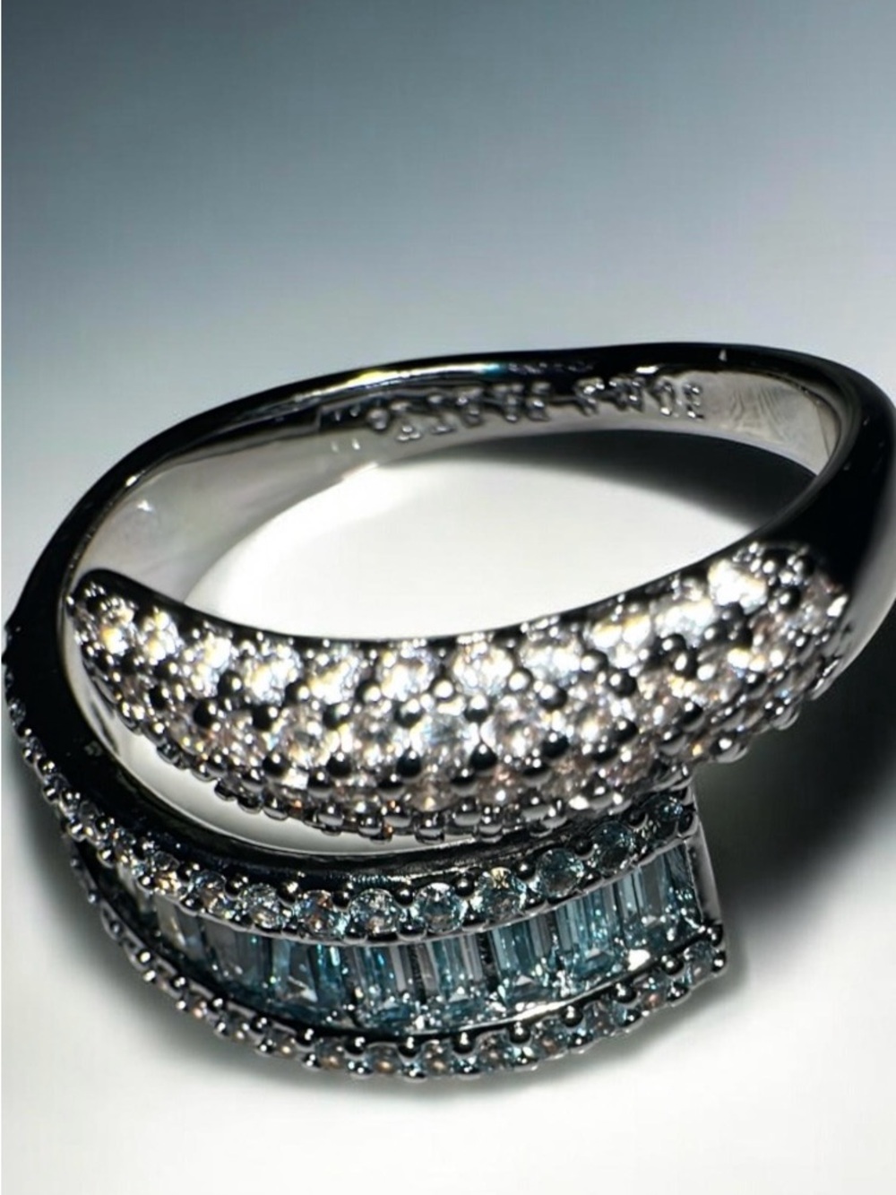 Bomb Party  Silver Blue Topaz & Cubic Zirconia Curved Ring